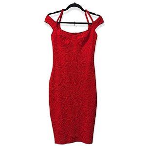 ASOS cold shoulder Strap red texture floral bodycon dress 6  Below The Knee